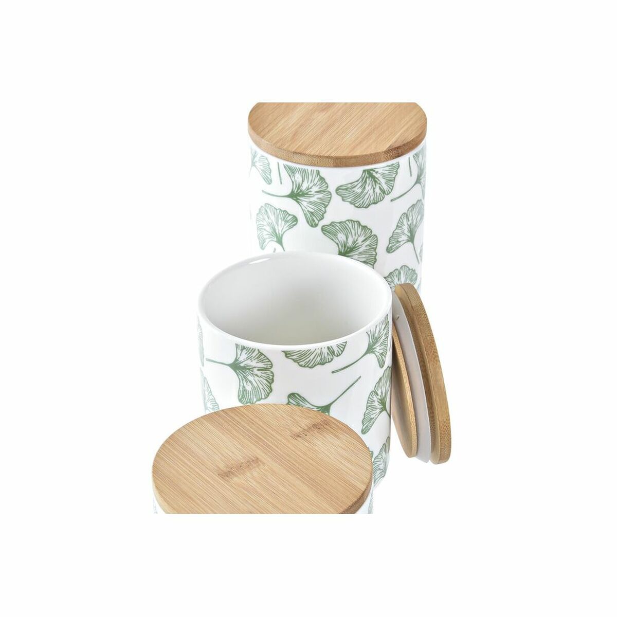 Vue intérieure du set de 3 boîtes décoratives avec feuilles vertes