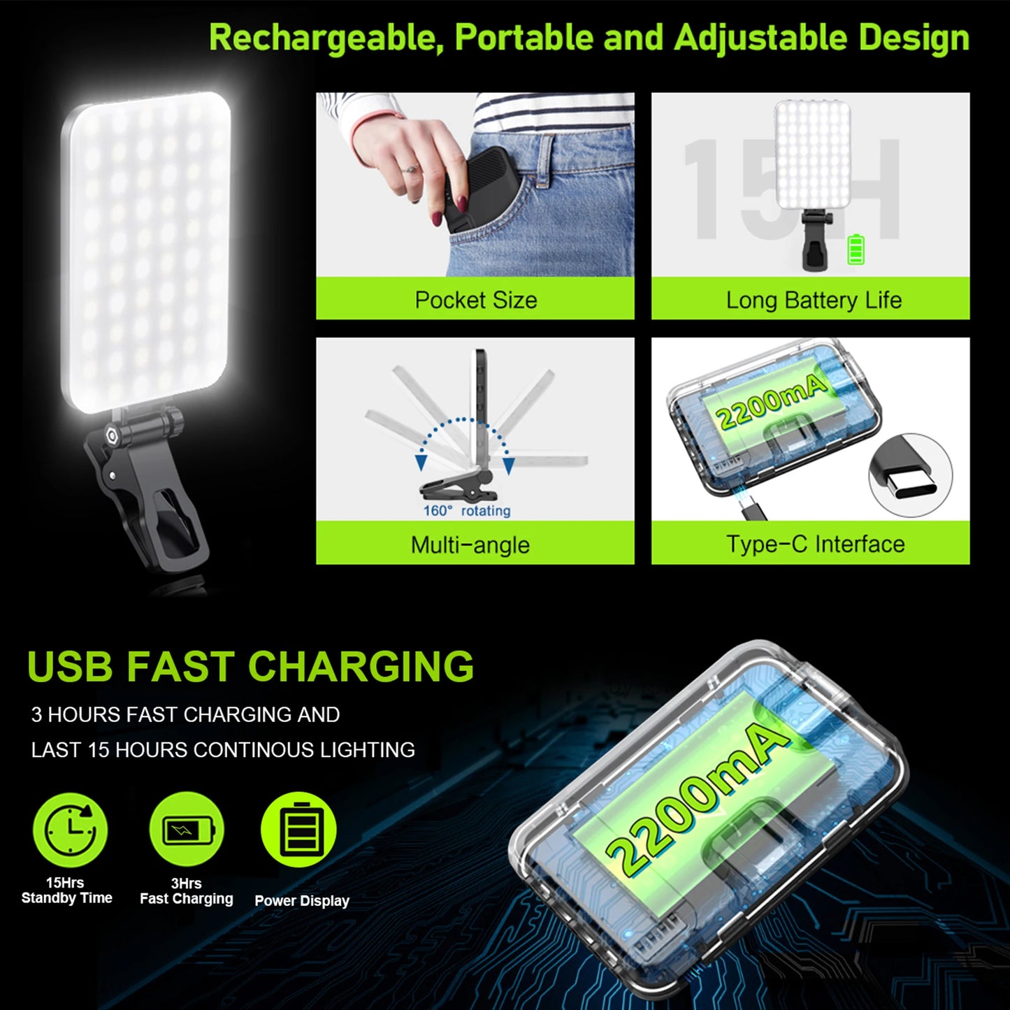 Anneau Lumineux Clip-On LED – Éclairage Selfie Rechargeable 3 Modes | Universel Smartphone