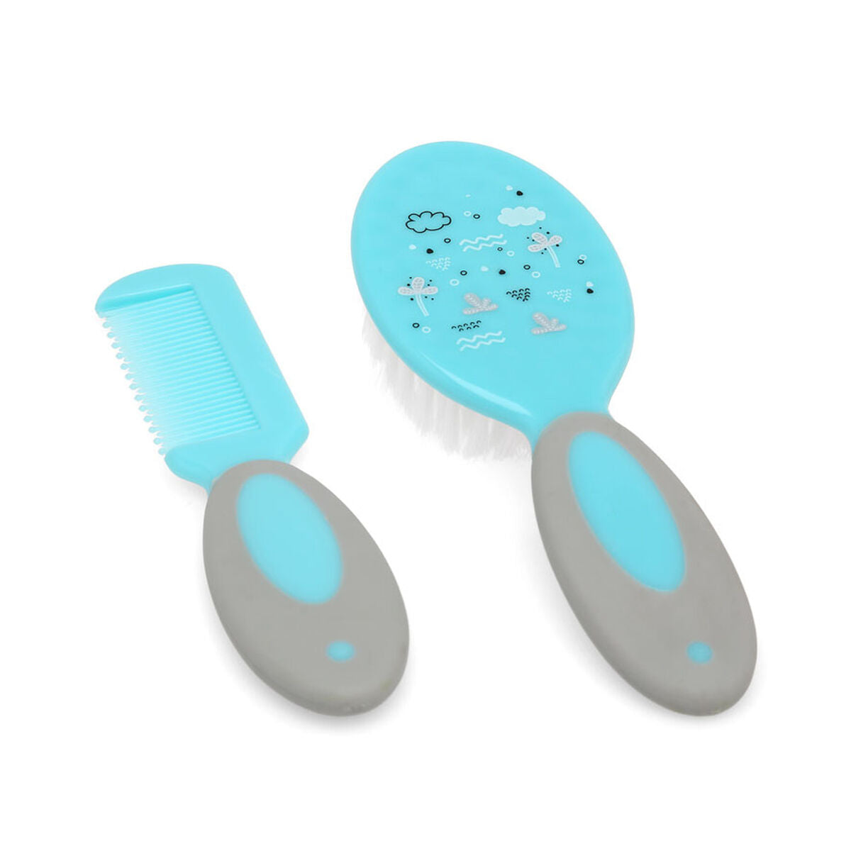 Ensemble de peigne et brosse bleu pour bébé avec motifs nuages et libellules - idéal soin cheveux nouveau-né