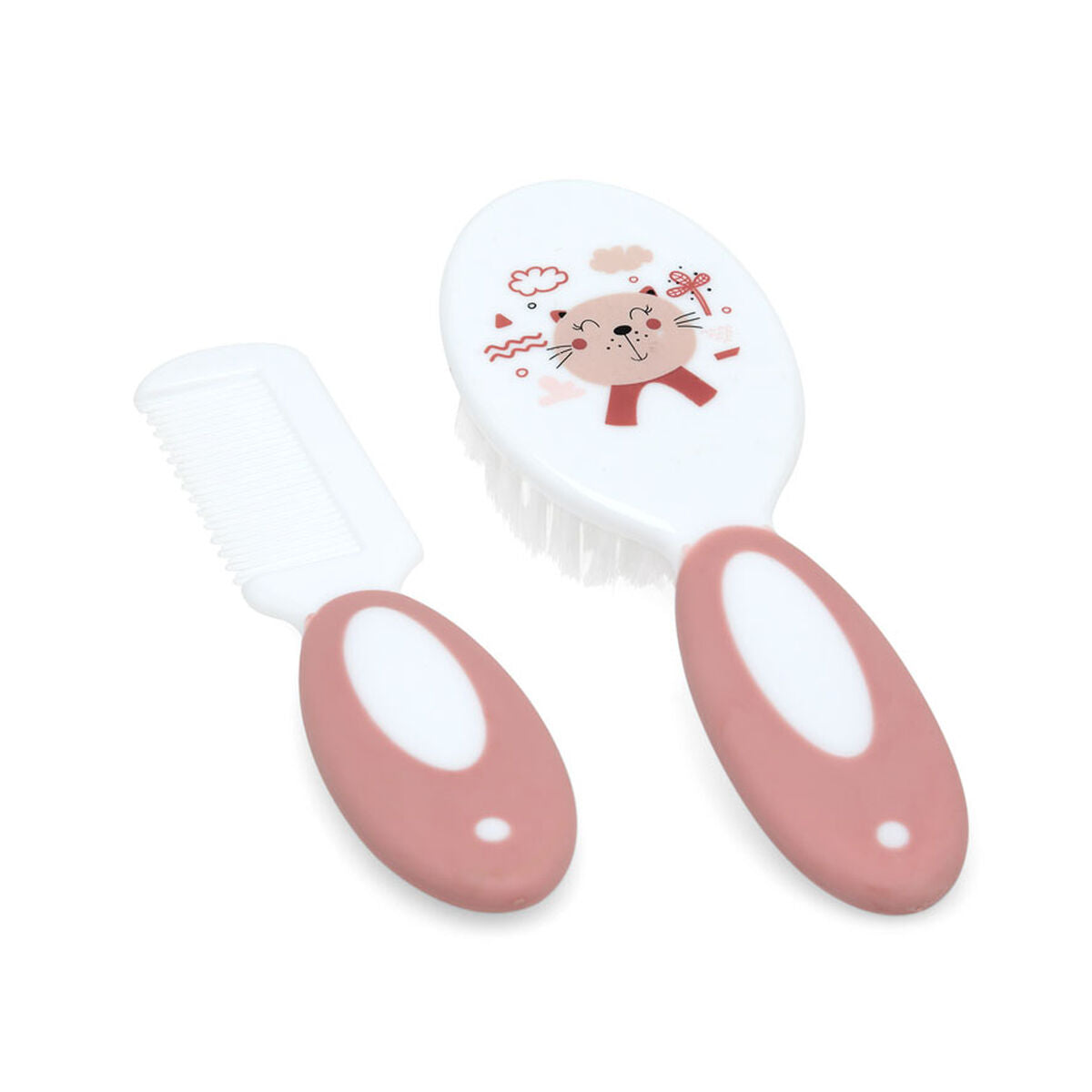 Ensemble peigne et brosse pour bébé fille avec motif chaton rose - soin cheveux nouveau-né ultra doux