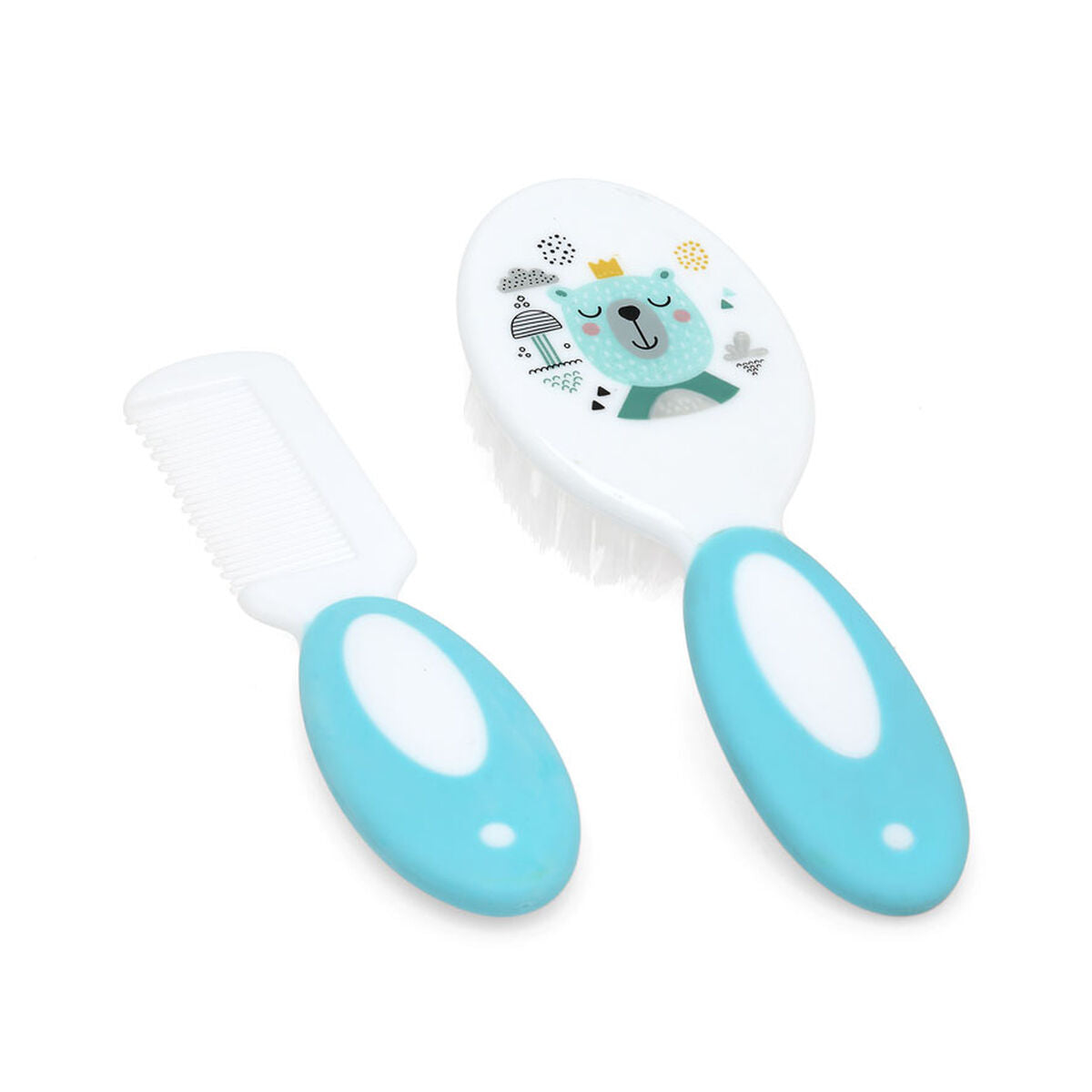 Ensemble peigne et brosse pour bébé avec motif ours bleu et poignée ergonomique antidérapante
