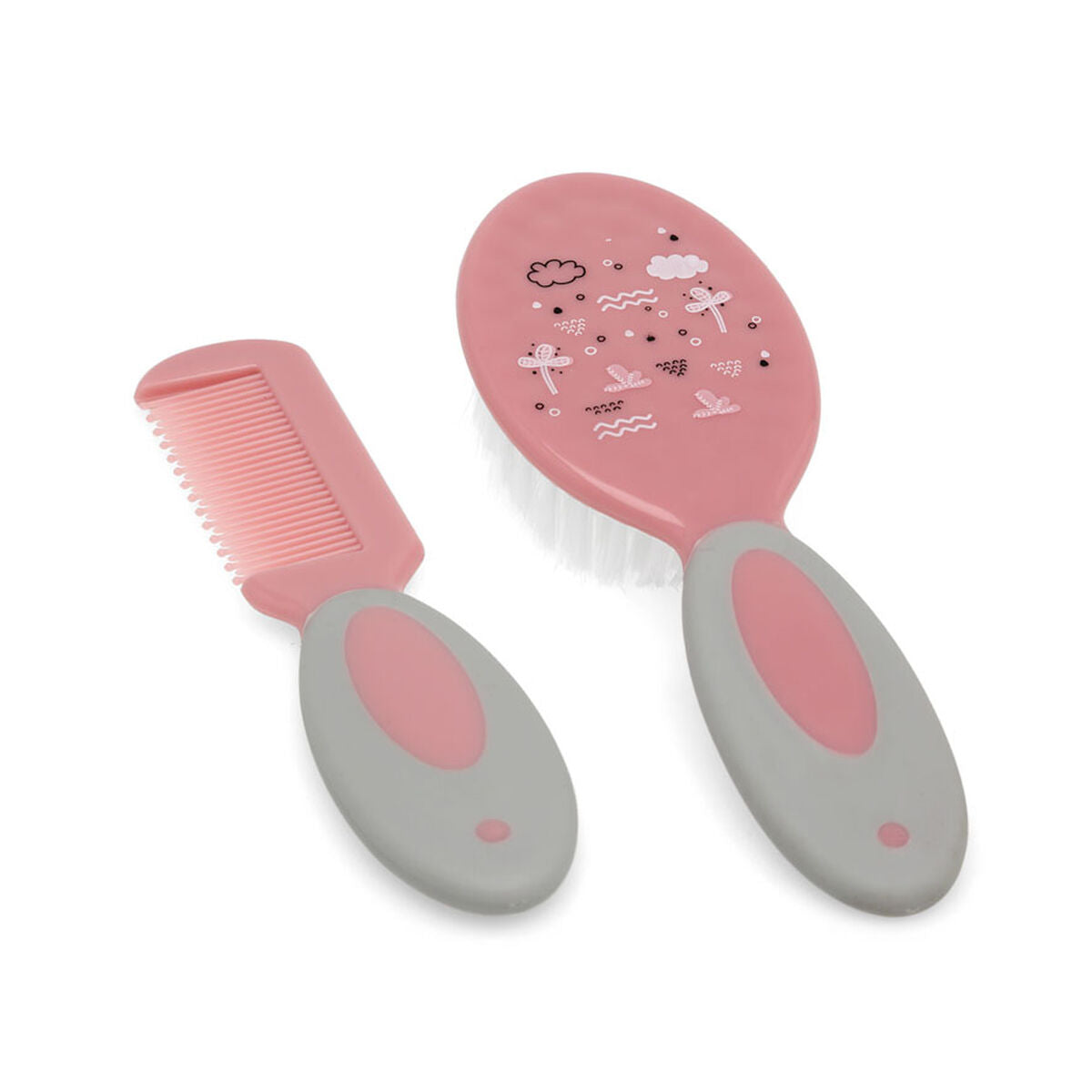 Ensemble de peigne et brosse rose pour bébé avec motifs nuages et libellules - coiffure délicate cheveux bébé