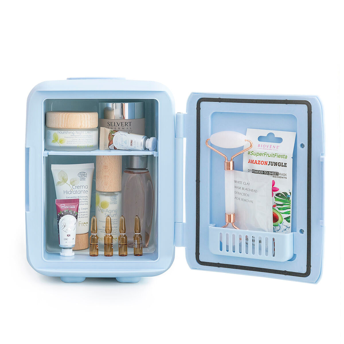 Vue arrière du mini réfrigérateur à cosmétiques Innovagoods bleu