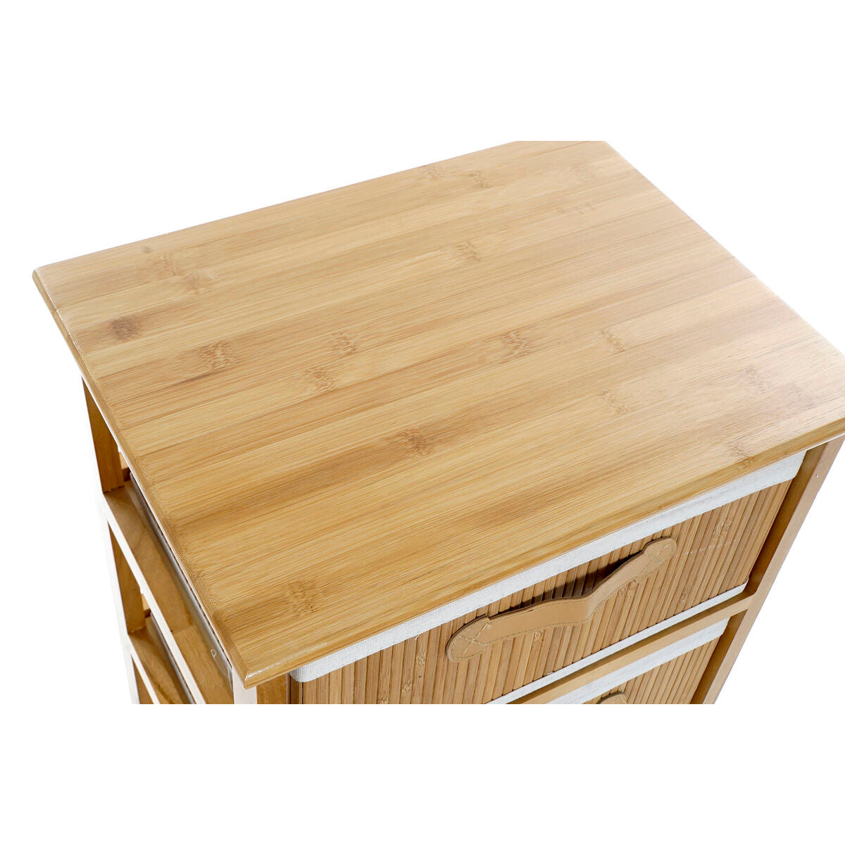 Gros plan sur le plateau supérieur du caisson en bambou DKD.