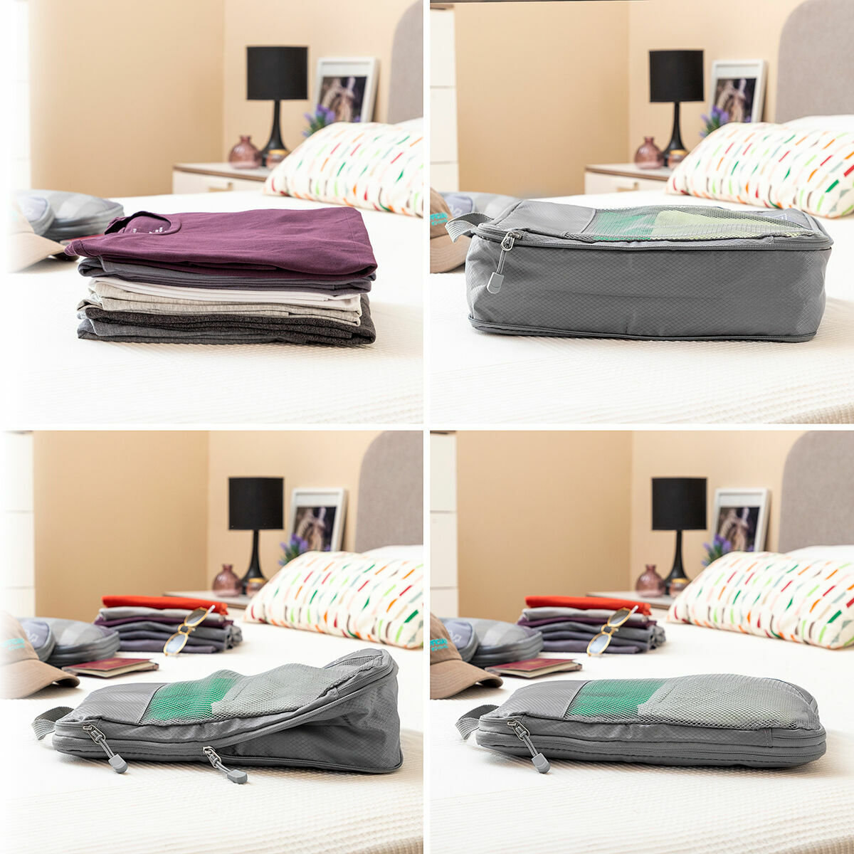 Démonstration du pliage et rangement des vêtements dans les sacs Compakube InnovaGoods.