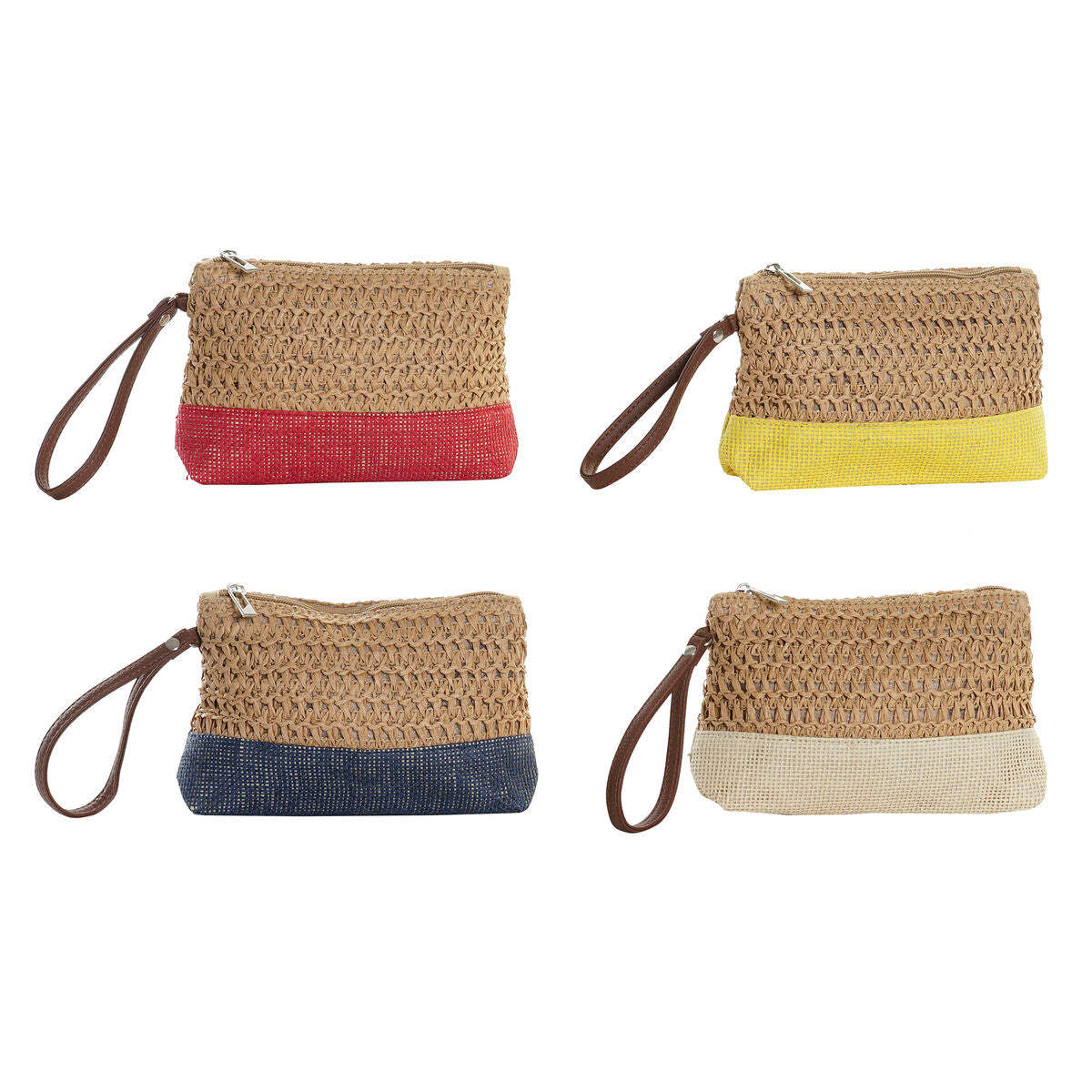 Lot de 4 trousses de toilette DKD Home Decor en fibres naturelles avec base colorée rouge, jaune, bleu et beige
